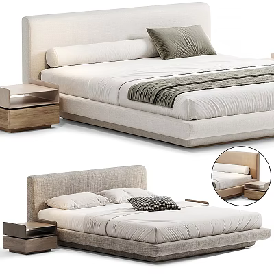 Modern Double Bed Bedroom Interior With Fabric Headboard Wooden Nightstand And Decorative Pillows 3d model