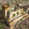 Ancient Desert Castle With Stone Walls And Tower Surrounded By Lush Palm Trees