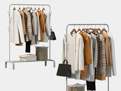 Stylish Clothing Racks Displaying Assorted Clothes Handbags And Storage Baskets 3d model