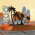 Summer Beach Photo Check-in Spot With Surfboards Palm Trees And Sunset View