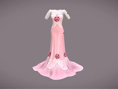 Pink Formal Evening Dress With White Sleeves And Flower Decorations 3d model