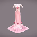 Pink Formal Evening Dress With White Sleeves And Flower Decorations