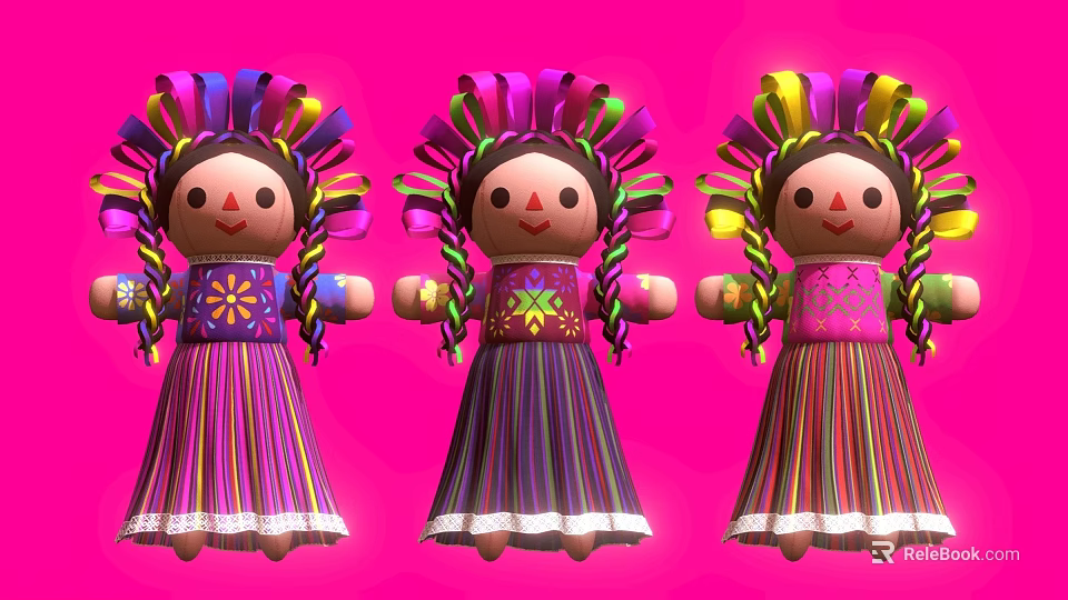 Colorful Hand Carved Doll Sculptures With Braided Hair And Striped Dresses On Pink Background 3d model 