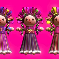 Colorful Hand Carved Doll Sculptures With Braided Hair And Striped Dresses On Pink Background
