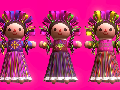 Colorful Hand Carved Doll Sculptures With Braided Hair And Striped Dresses On Pink Background 3d model