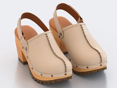 Women's Beige Leather Clogs With Wooden Sole Chunky Heel And Stitched Details 3d model