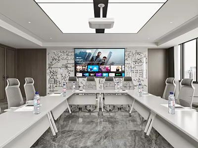 Modern Conference Room Interior Design With Long Tables Ergonomic Chairs And Large Screen 3d model