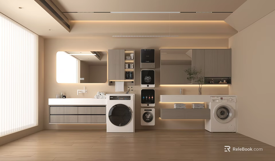 Modern Washbasin Setup In Laundry Room With Washing Machine Dryer Cabinets And Mirror 3d model 