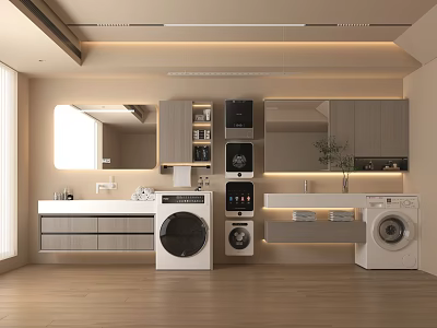 Modern Washbasin Setup In Laundry Room With Washing Machine Dryer Cabinets And Mirror 3d model