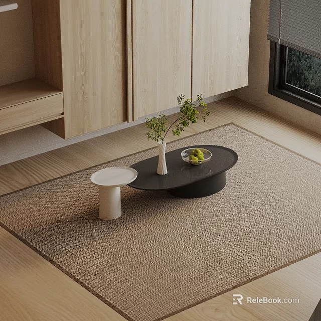 Minimalist Sofa And Black Round Coffee Table Set With Beige Carpet Green Plant Fruit Bowl 3d model 