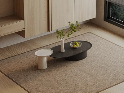 Minimalist Sofa And Black Round Coffee Table Set With Beige Carpet Green Plant Fruit Bowl 3d model