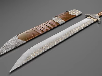 Decorative Sword With Brown Leather Scabbard With Metal Decorations And Intricate Blade Patterns 3d model