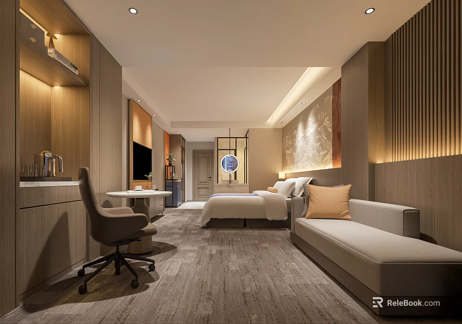Modern Hotel Guest Room Interior With Bed Sofa Desk TV And Ambient Lighting 3d model 