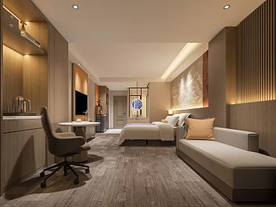Modern Hotel Guest Room Interior With Bed Sofa Desk TV And Ambient Lighting 3d model