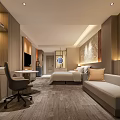 Modern Hotel Guest Room Interior With Bed Sofa Desk TV And Ambient Lighting