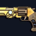 Sci Fi Style Gold And Black Pistols With Glowing Blue Components And Decorative Buttons