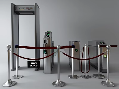 Public Facilities Security Gate Turnstile And Stanchion With Red Rope Setup 3d model