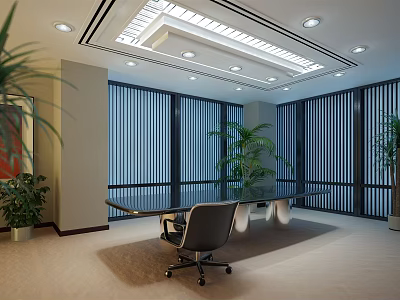Modern Meeting Room Interior With Large Windows Blinds Long Table And Indoor Plants 3d model