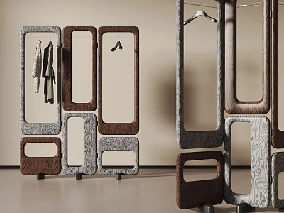 Modern Geometric Clothes Hanger With Gray Brown Frames And Hanging Clothes 3d model