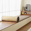 Window Area With Wooden Bench Rolled Woven Straw Rug Cabinet Mirror Vase And White Curtains