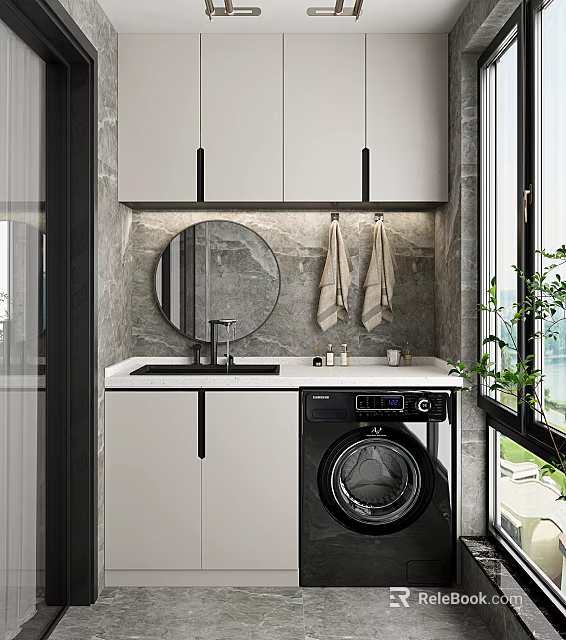 Modern Bathroom Vanity Cabinet With Round Mirror White Countertop Hanging Towels And Washing Machine 3d model 