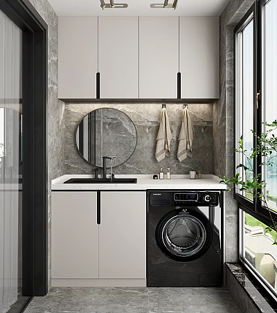 Modern Bathroom Vanity Cabinet With Round Mirror White Countertop Hanging Towels And Washing Machine 3d model