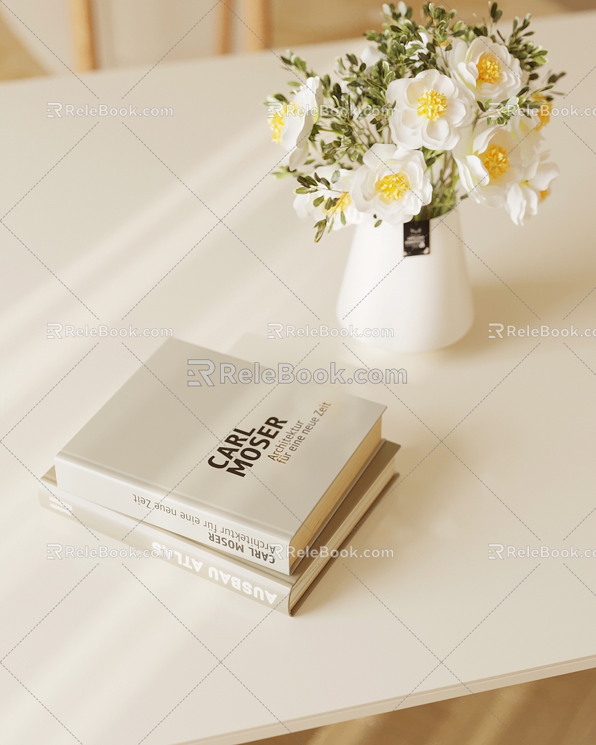 Cream Style Floral Vase Flower Books 3d model