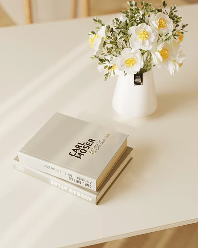 Stylish Floral Arrangement with White Vase Stacked Books and White Yellow Flowers 3d model