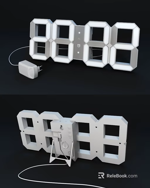Modern LED Digital Clock With White Geometric Block Design And Power Adapter 3d model 