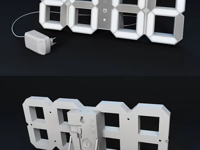 Modern LED Digital Clock With White Geometric Block Design And Power Adapter 3d model