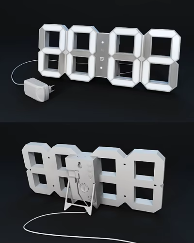 Modern LED Digital Clock With White Geometric Block Design And Power Adapter 3d model