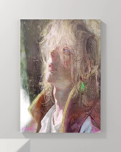 Realistic Portrait Painting Of Blonde Figure With Blue Eyes Green Earring And Yellow Trimmed Coat 3d model