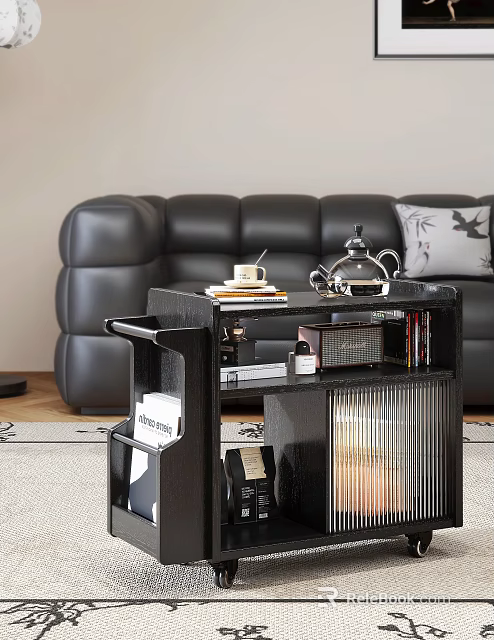 Entryway Side Cabinet Featuring Tea Set Books Decorations Black Sofa And Rug 3d model