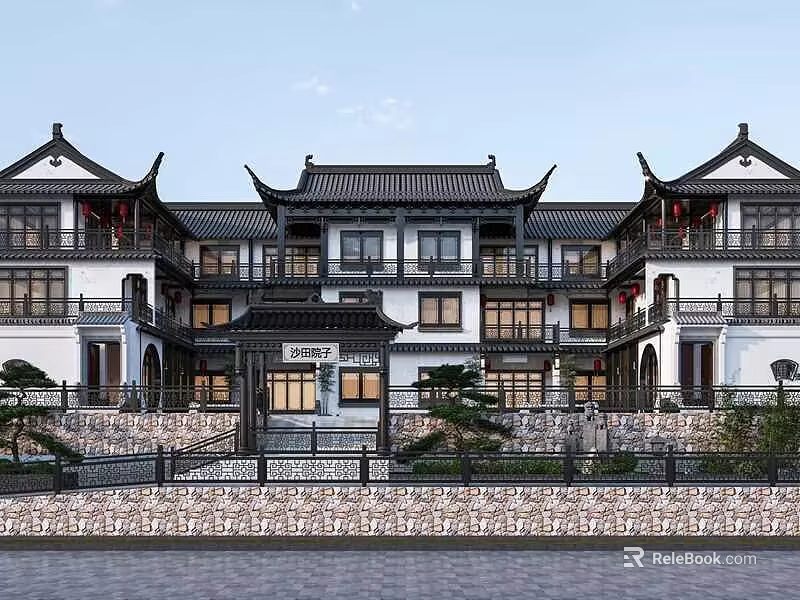Traditional Chinese Ancient Building with Classic Eaves Black Tiled Roof White Walls and Wooden Windows 3d model 