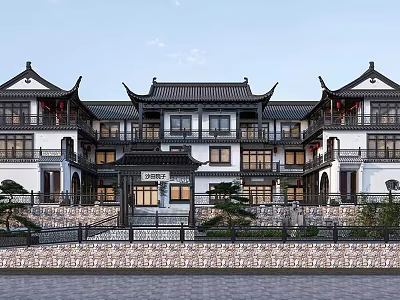 Traditional Chinese Ancient Building with Classic Eaves Black Tiled Roof White Walls and Wooden Windows 3d model