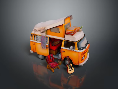 Orange Classic Van Interior With Open Doors Red Seats And Guitar 3d model