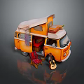 Orange Classic Van Interior With Open Doors Red Seats And Guitar 3d model