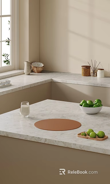Fresh Green Apples And Milk On Marble Countertop With Brown Placemat 3d model 