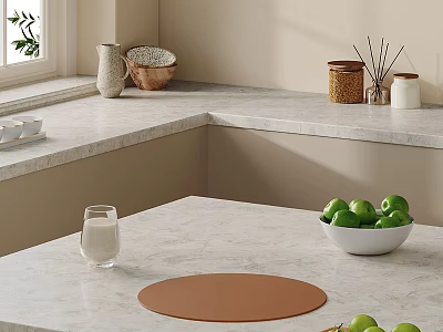 Fresh Green Apples And Milk On Marble Countertop With Brown Placemat 3d model