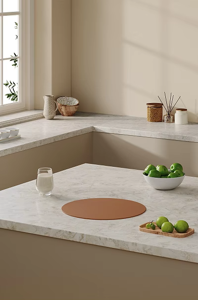 Fresh Green Apples And Milk On Marble Countertop With Brown Placemat 3d model