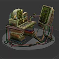 Vintage Computer Setup With Retro Green Screen Monitor Keyboard Wooden Stand And Stacked Books