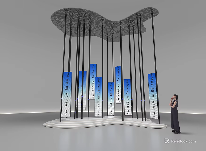 Decorative Ornament Set With Black Poles Curved Top And Blue White Vertical Panels 3d model 