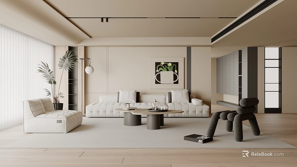 Modern Minimalist Living Room Interior Design With Large Sofa Round Coffee Tables And Green Plant 3d model 