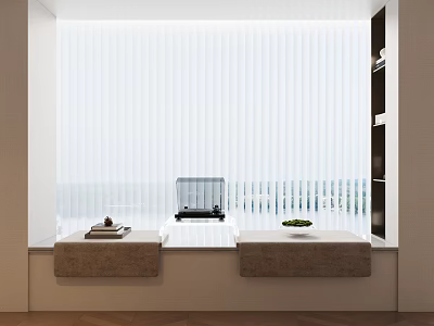 Modern Bay Window Interior With White Vertical Blinds Window Seat And Storage Shelves 3d model