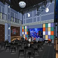 Stylish Bar Interior With Colorful Square Panel Walls Large Screen Live Performance And Pendant Lights