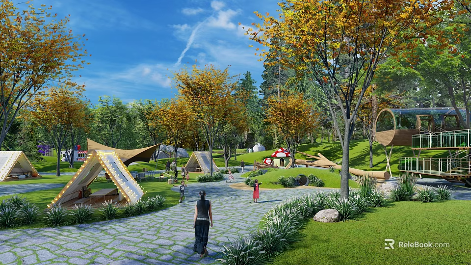 Scenic Garden Landscape With Stone Paved Walkway Lush Green Lawn And Autumn Trees 3d model 