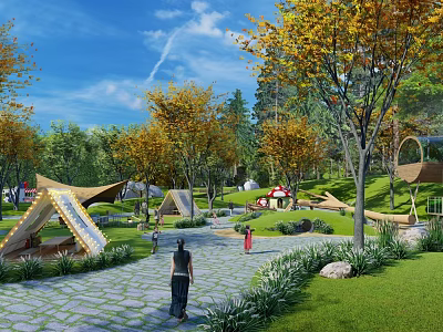 Scenic Garden Landscape With Stone Paved Walkway Lush Green Lawn And Autumn Trees 3d model