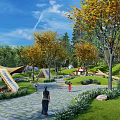 Scenic Garden Landscape With Stone Paved Walkway Lush Green Lawn And Autumn Trees