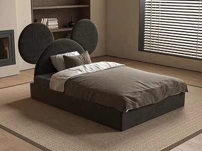 Kids Bed With Mickey Mouse Ears Headboard Dark Gray Soft Mattress Pillow Rug in Room 3d model