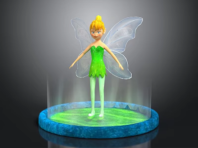 Fairy With Blonde Hair Green Dress And Transparent Wings On Blue Glowing Base 3d model